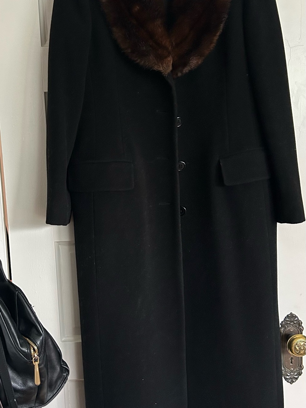 RALPH LAUREN Black Long Coat with Brown Fur Collar - Picture 4 of 7